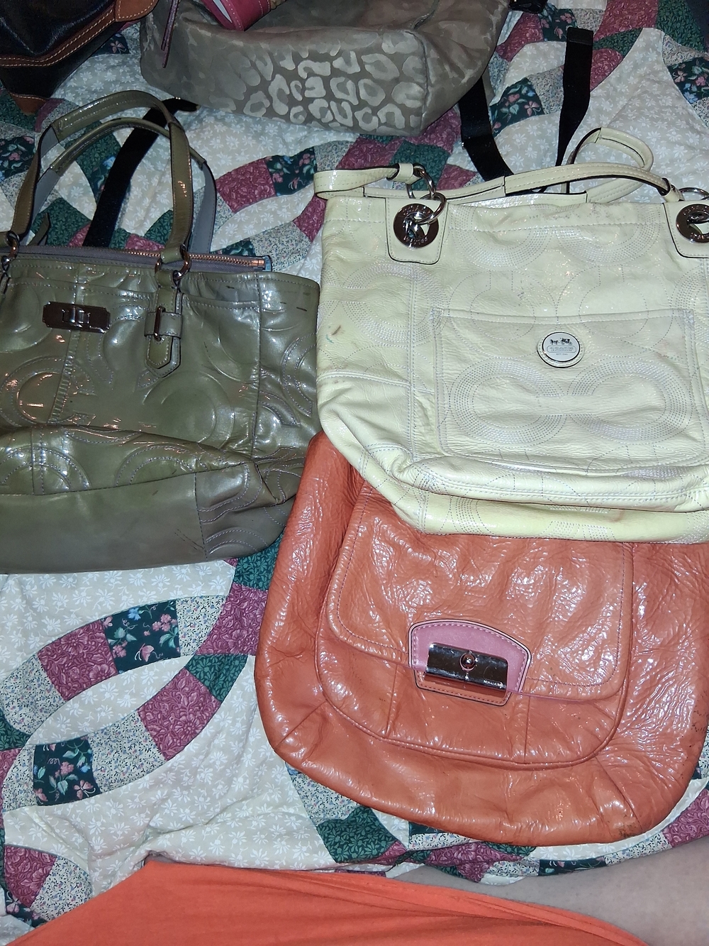 Coach Shoulder Bags Trio in Olive, Cream & Coral